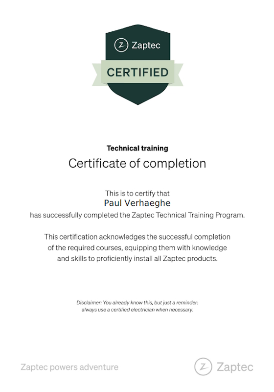 Zaptec certificaat